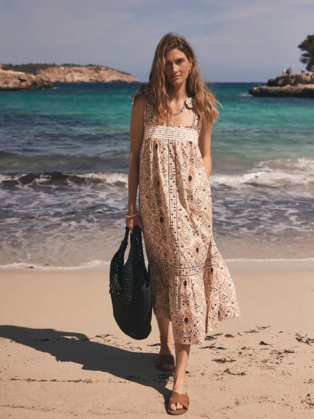 Mint Velvet Cream & Black Cotton Midi Sundress Women's Sz L Bohemian Beach Vacay